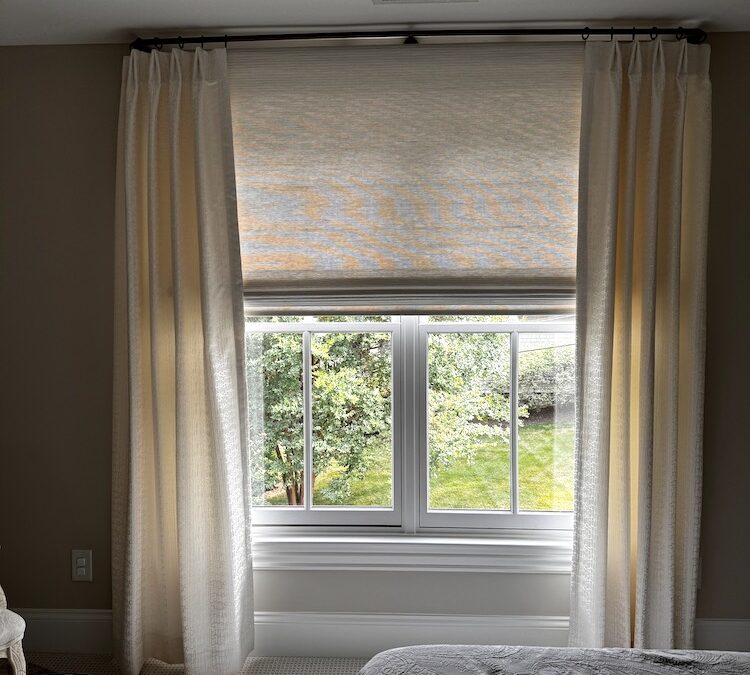 Woven Wood Shades With Drapes Layered Look