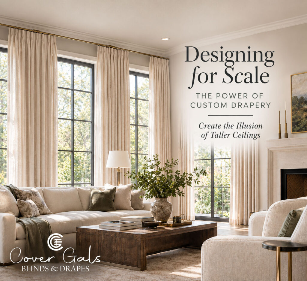  Floor-to-ceiling linen drapery mounted at the ceiling and framing tall windows in an elegant living room.